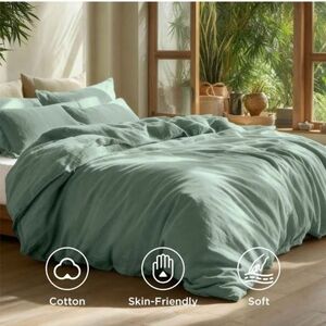 Bedsure 100% Washed Cotton Duvet Cover King Iceberg Green Minimalist Cotton